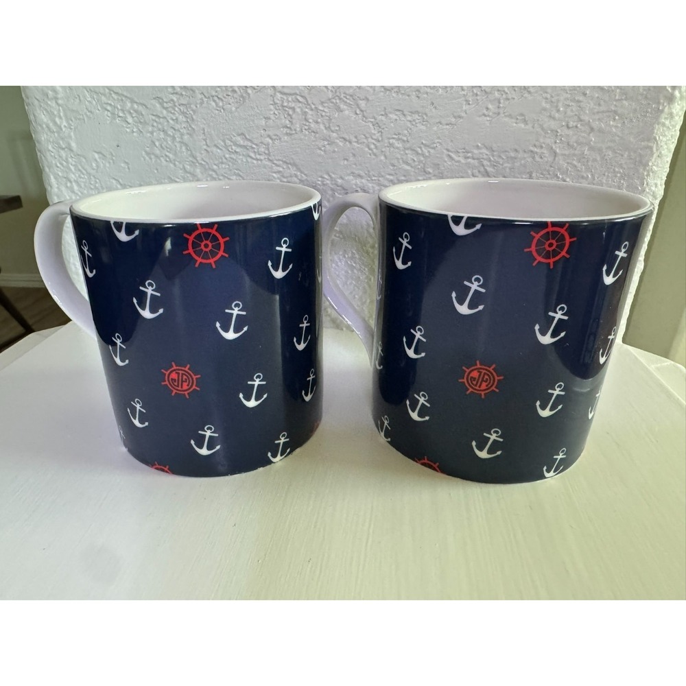 Jonathan Adler Coffee Mug Cup Set of 2 Natical Ship Anchor‎ Theme